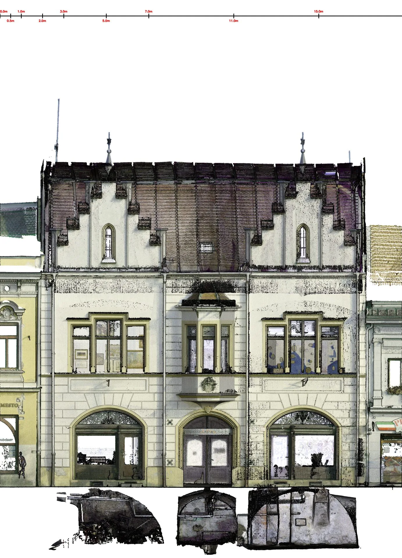 Pohľad na fasádu historickej budovy v Košiciach z mračna bodov